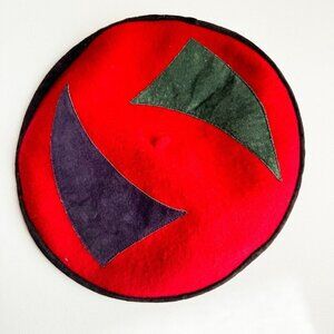 Vintage Unique Red Wool Patchwork Detail Beret